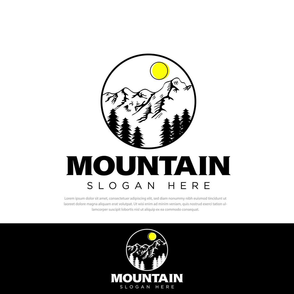 Mountain forest logo design, trees, sun Illustration Templates, symbol, icon vector