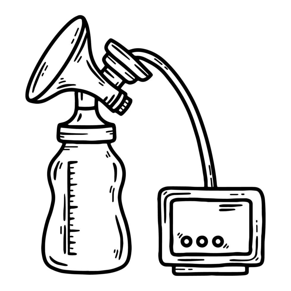 Extractor de leche eléctrico para la leche de las mujeres durante la lactancia y la lactancia, icono de doodle de dibujo vectorial. dispositivos de maternidad y alimentación especial vector