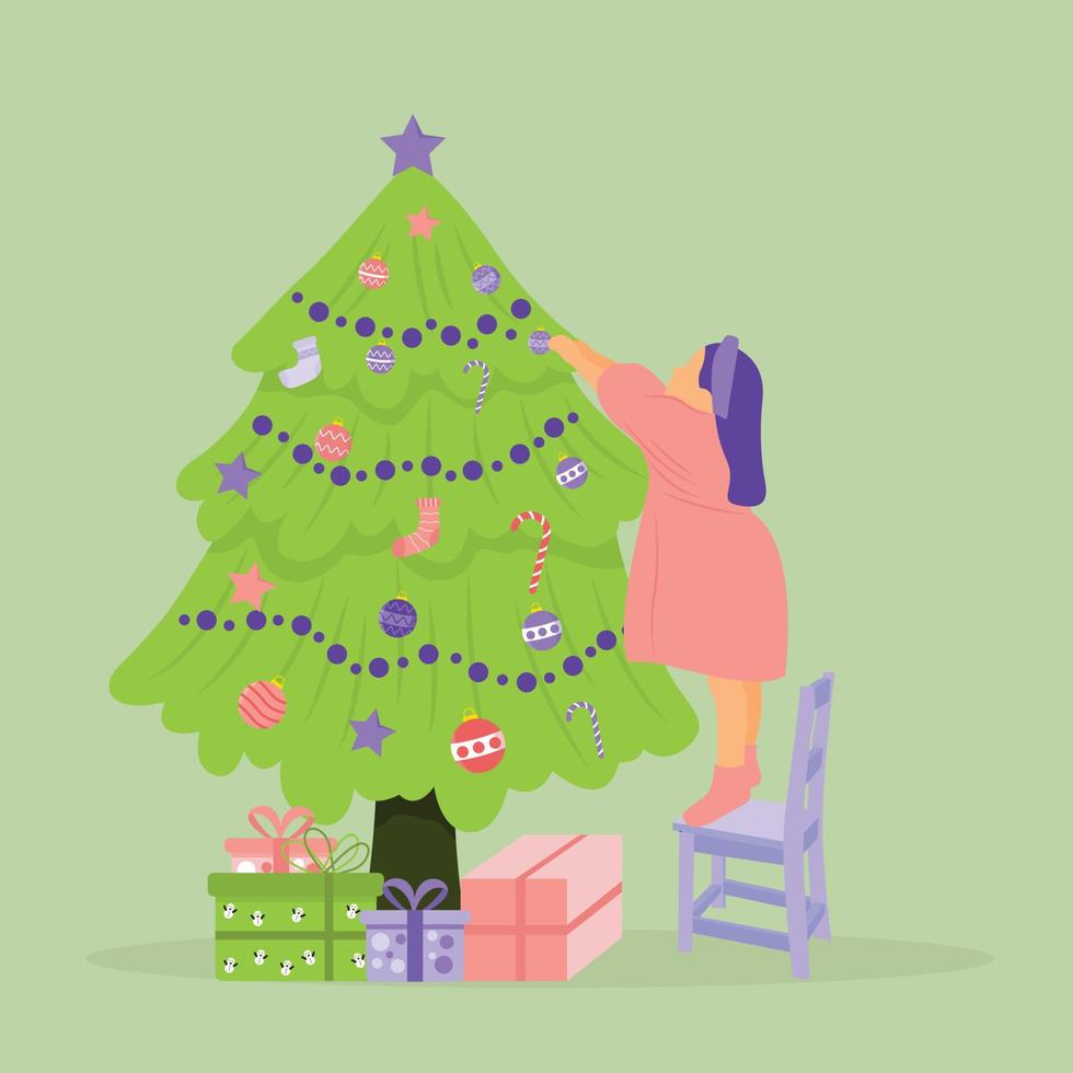 niña decora el árbol de navidad para celebrar el día de navidad. niña preparando el día de navidad. perfecto para tarjetas de felicitación, tarjetas postales, invitaciones, pancartas, carteles vector