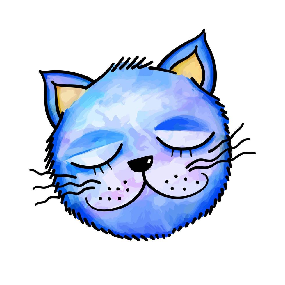 Watercolor Sleepy Blue Cat Face vector