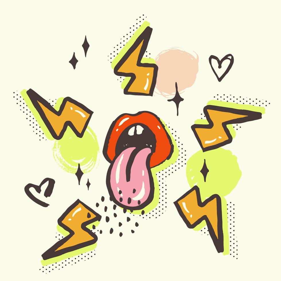 Female lips with protruding tongue and flash zipper. Pop art style card. Hand draw vector illustration