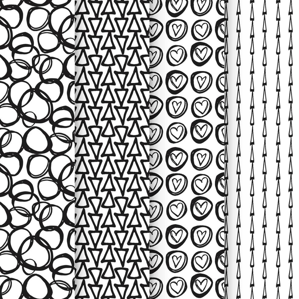 Black and white seamless patterns with ink brush and marker. Hand drawn doodle shapes, marks and lines. Vector