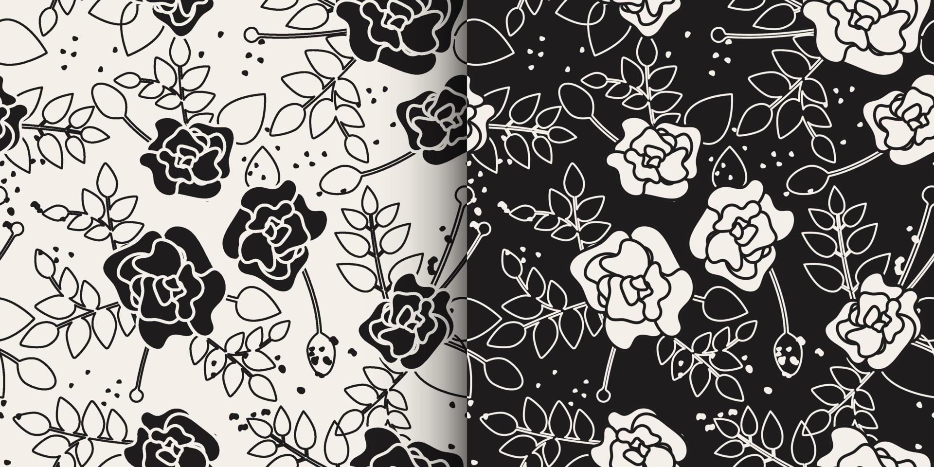 Floral botany seamless pattern. Black and white sketch of rose flowers with leaves. Black and white elegant line art botanical illustration. Vector