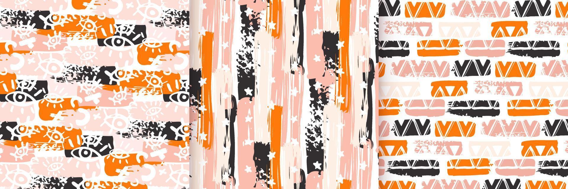 Abstract seamless patterns with brush stroke and marker. Hand drawn doodle shapes, marks and lines. Vector
