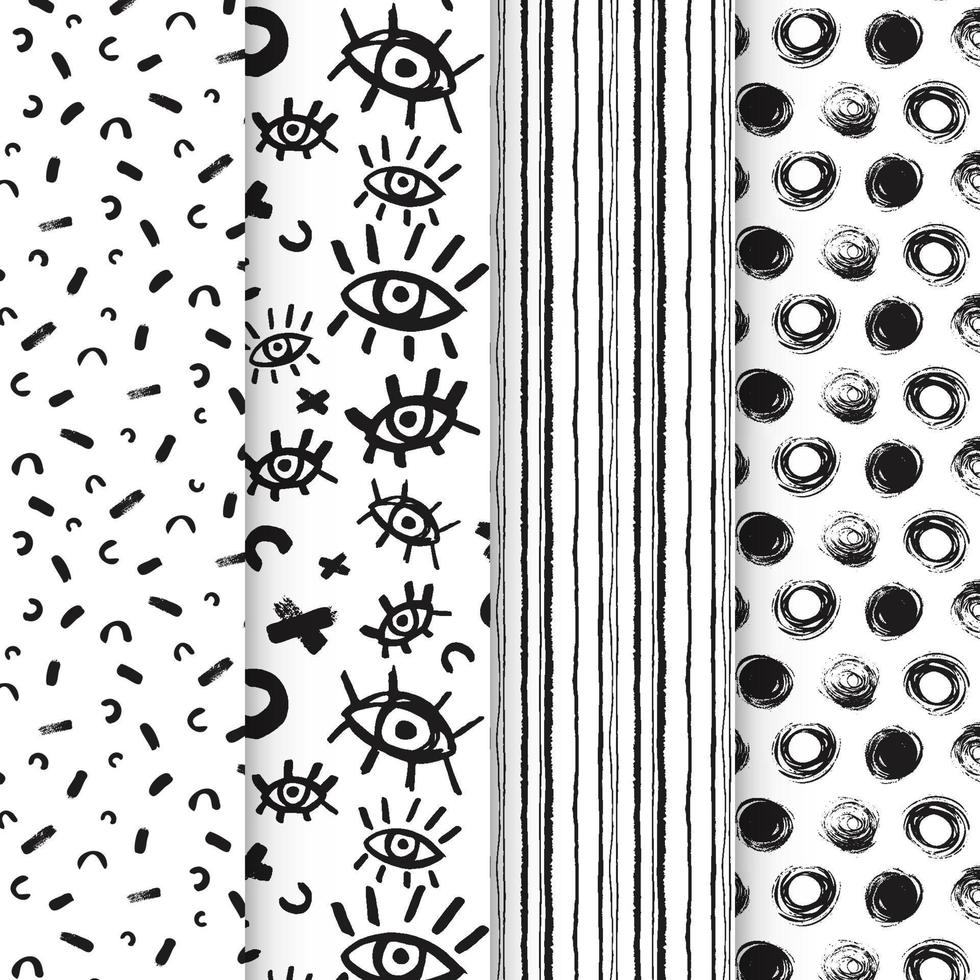 Black and white seamless patterns with ink brush and marker. Hand drawn doodle shapes, marks and lines. Vector