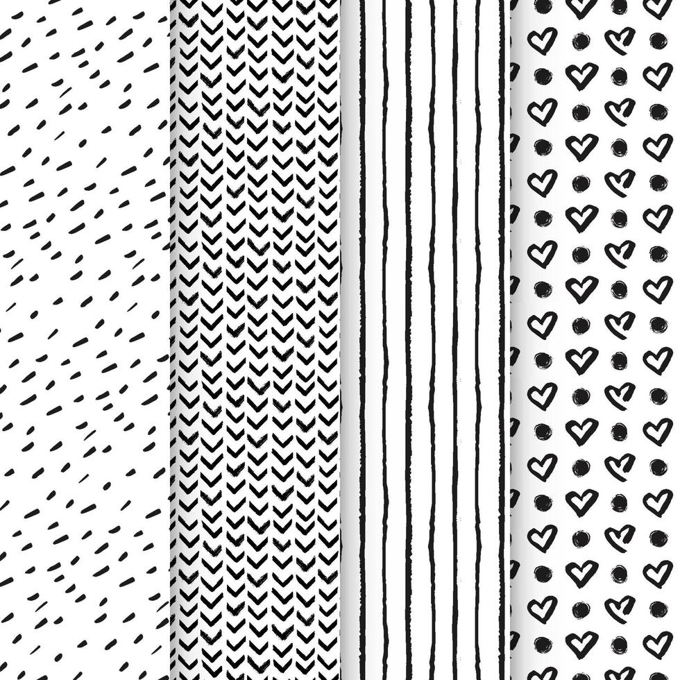 patrones sin fisuras en blanco y negro con pincel de tinta y marcador. formas, marcas y líneas de doodle dibujados a mano. vector
