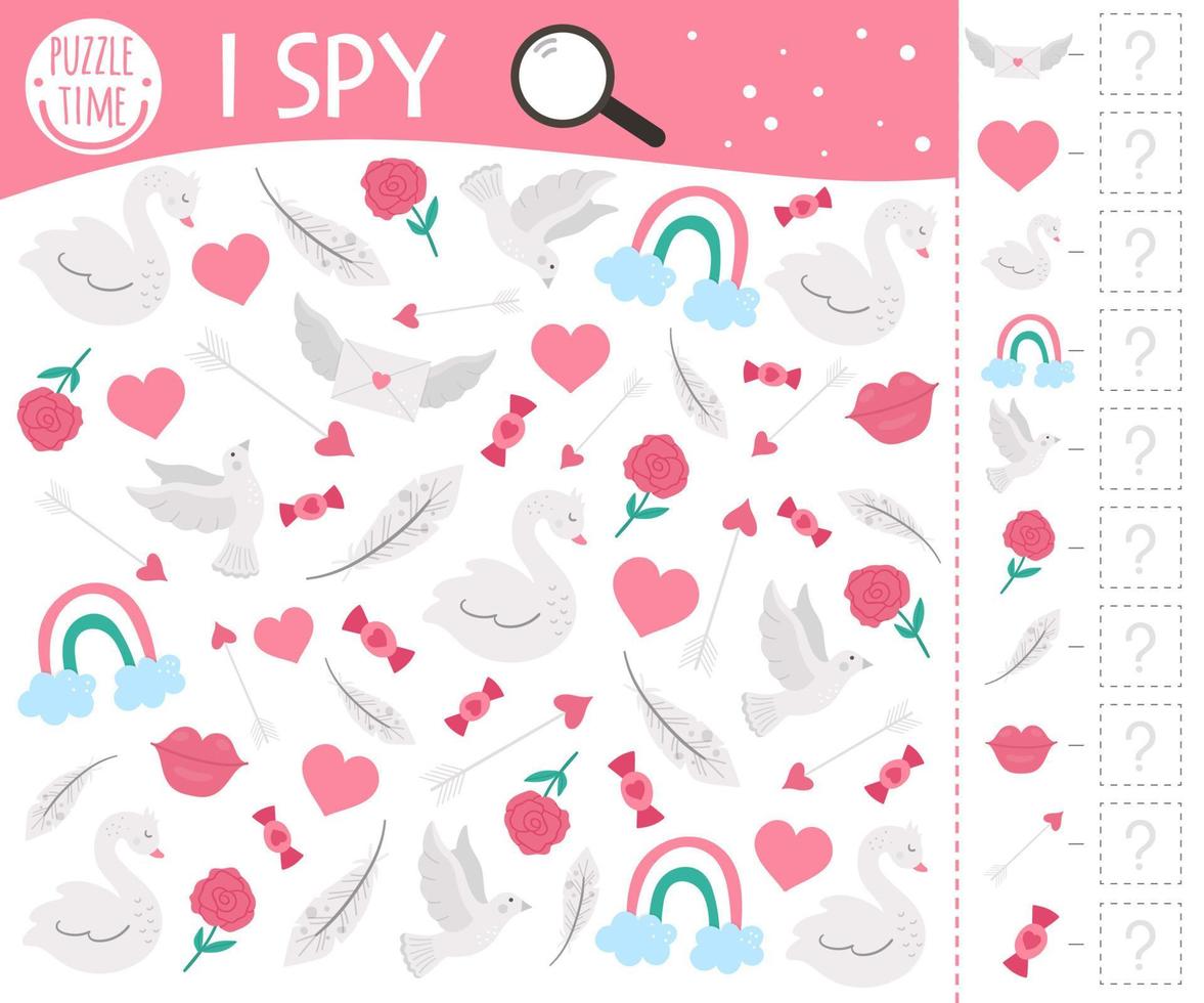 Saint Valentine day I spy game for kids. Searching and counting activity for preschool children with traditional holiday objects. Funny party printable worksheet with love theme. Spotting puzzle. vector