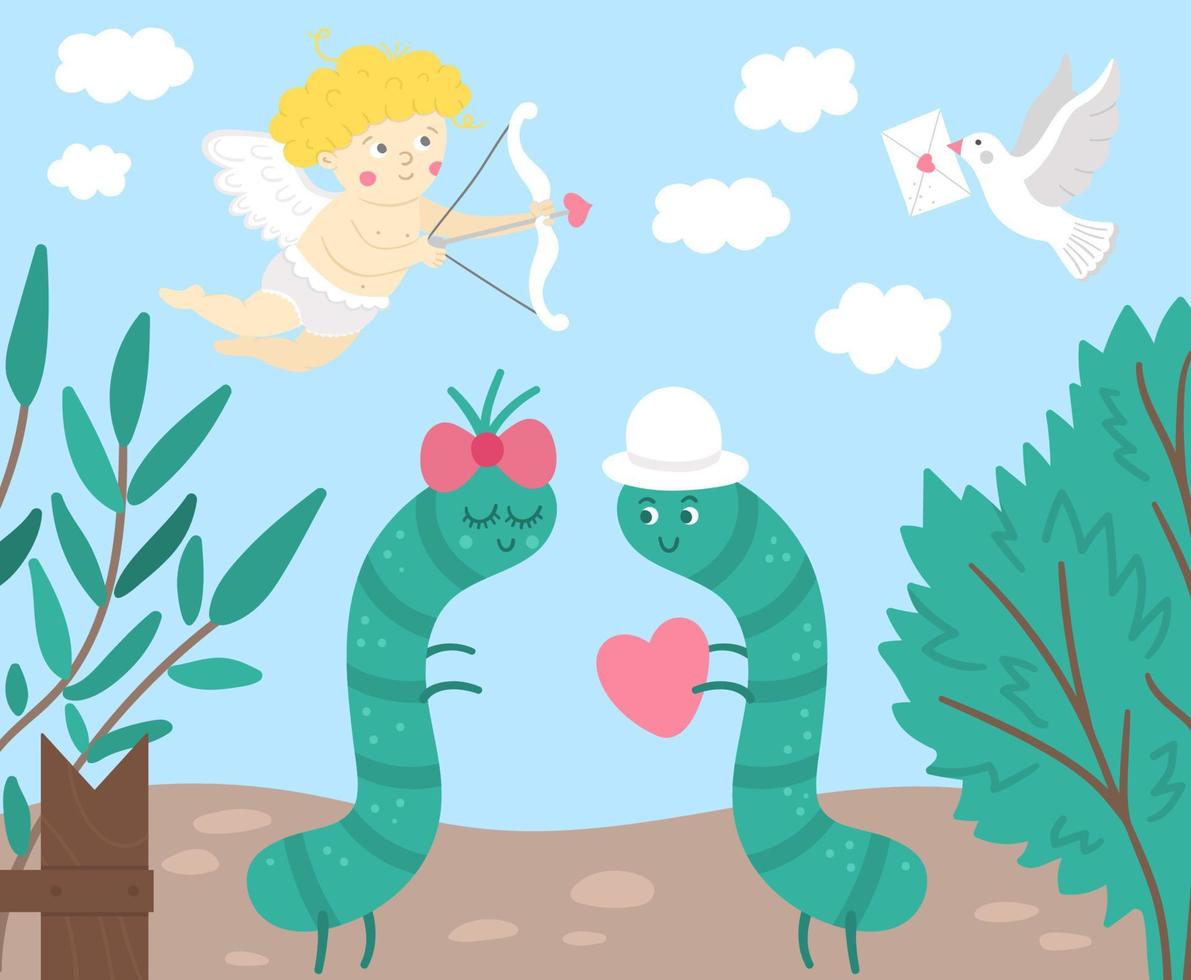 Vector Saint Valentine day background with cute insects. Funny scene with two enamored caterpillars in the garden. Flat illustration for children with love concept.