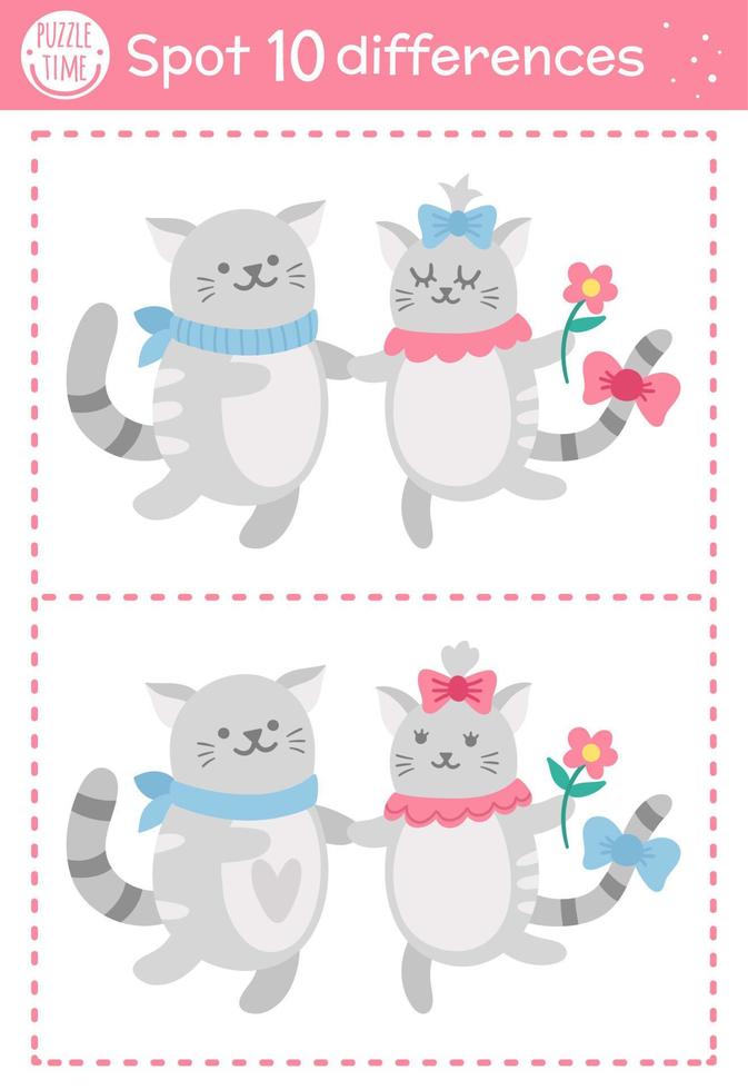Saint Valentine day find differences game for children. Holiday educational activity with funny cats couple. Printable worksheet with cute characters. Puzzle for kids with love theme vector