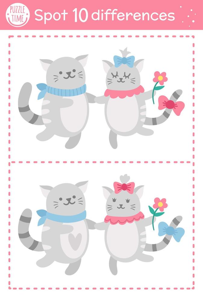 Saint Valentine day find differences game for children. Holiday educational activity with funny cats couple. Printable worksheet with cute characters. Puzzle for kids with love theme vector