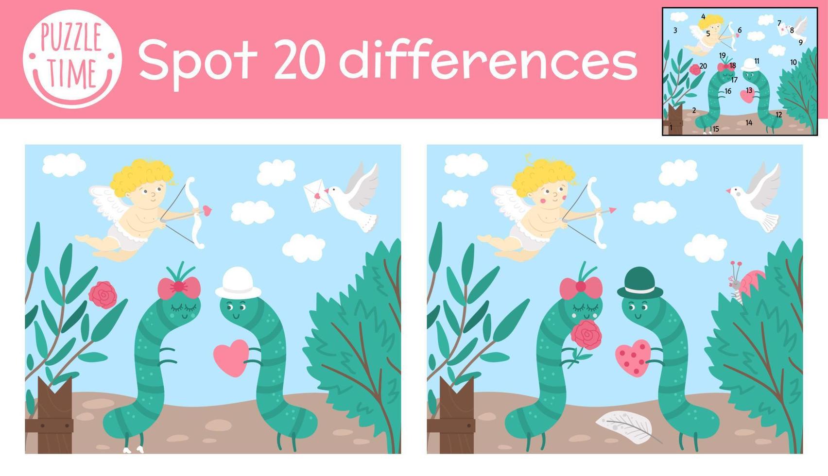 Saint Valentine day find differences game for children. Holiday educational activity with caterpillars in the garden. Printable worksheet with cute characters. Puzzle for kids with love theme vector