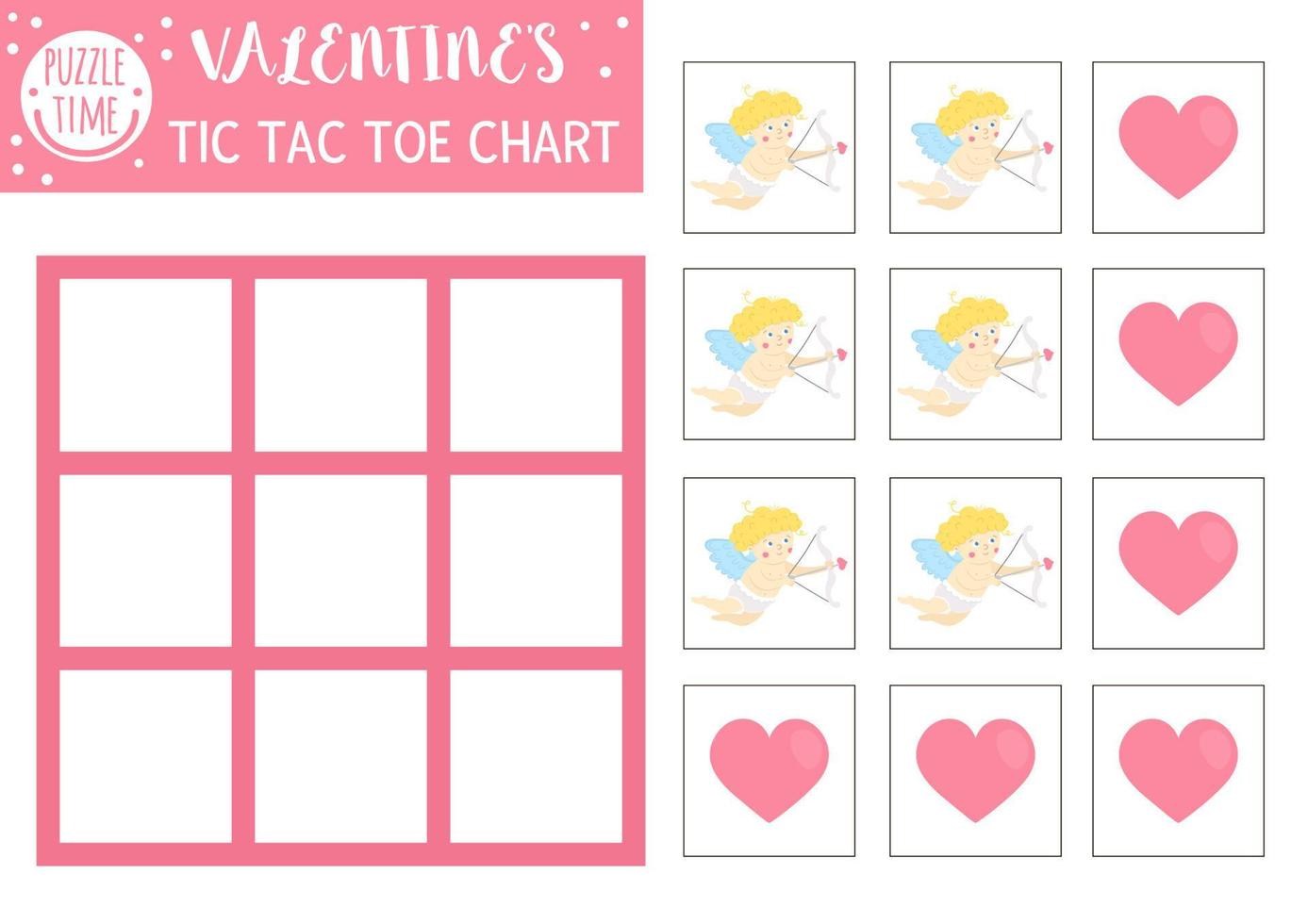 Vector Saint Valentine day tic tac toe chart with cute cupid