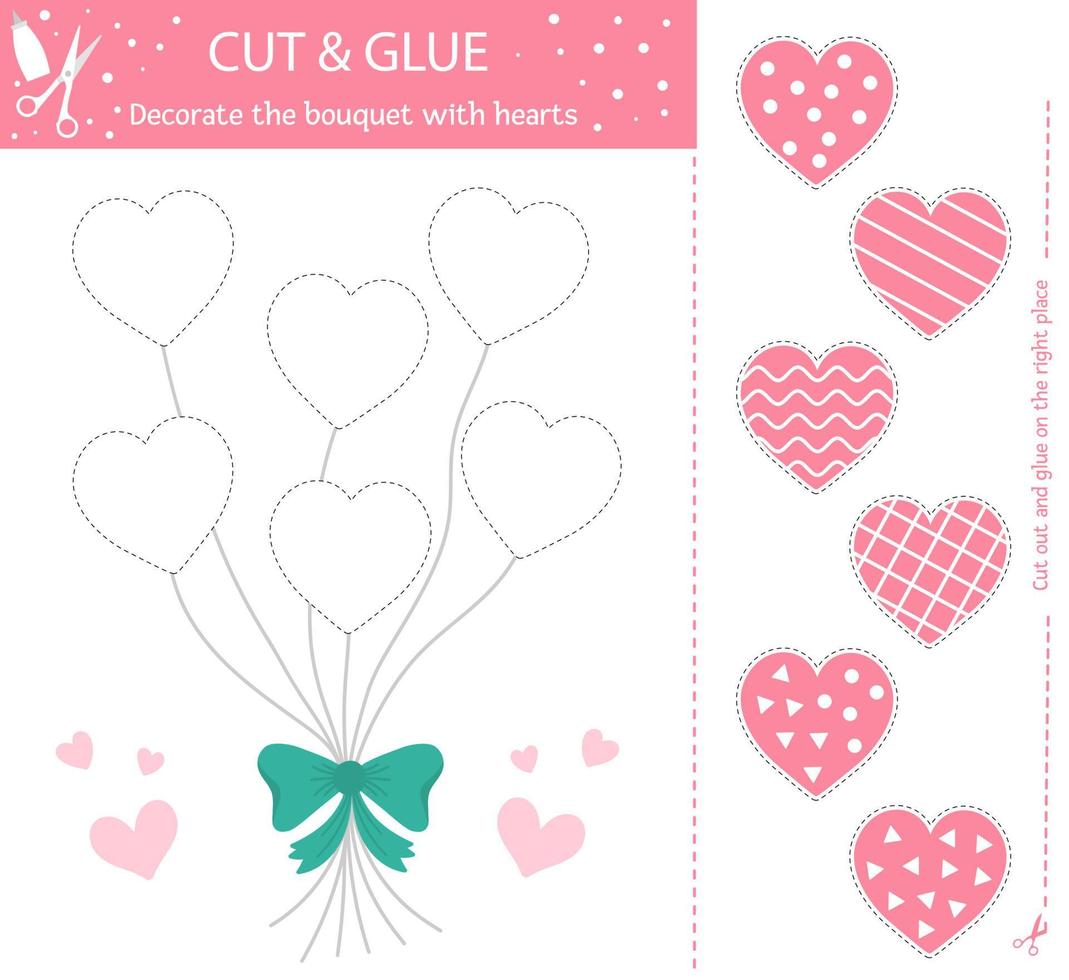 Vector Saint Valentine day cut and glue activity. Holiday educational crafting game with traditional objects. Fun activity for kids with love theme. Decorate the bouquet with hearts