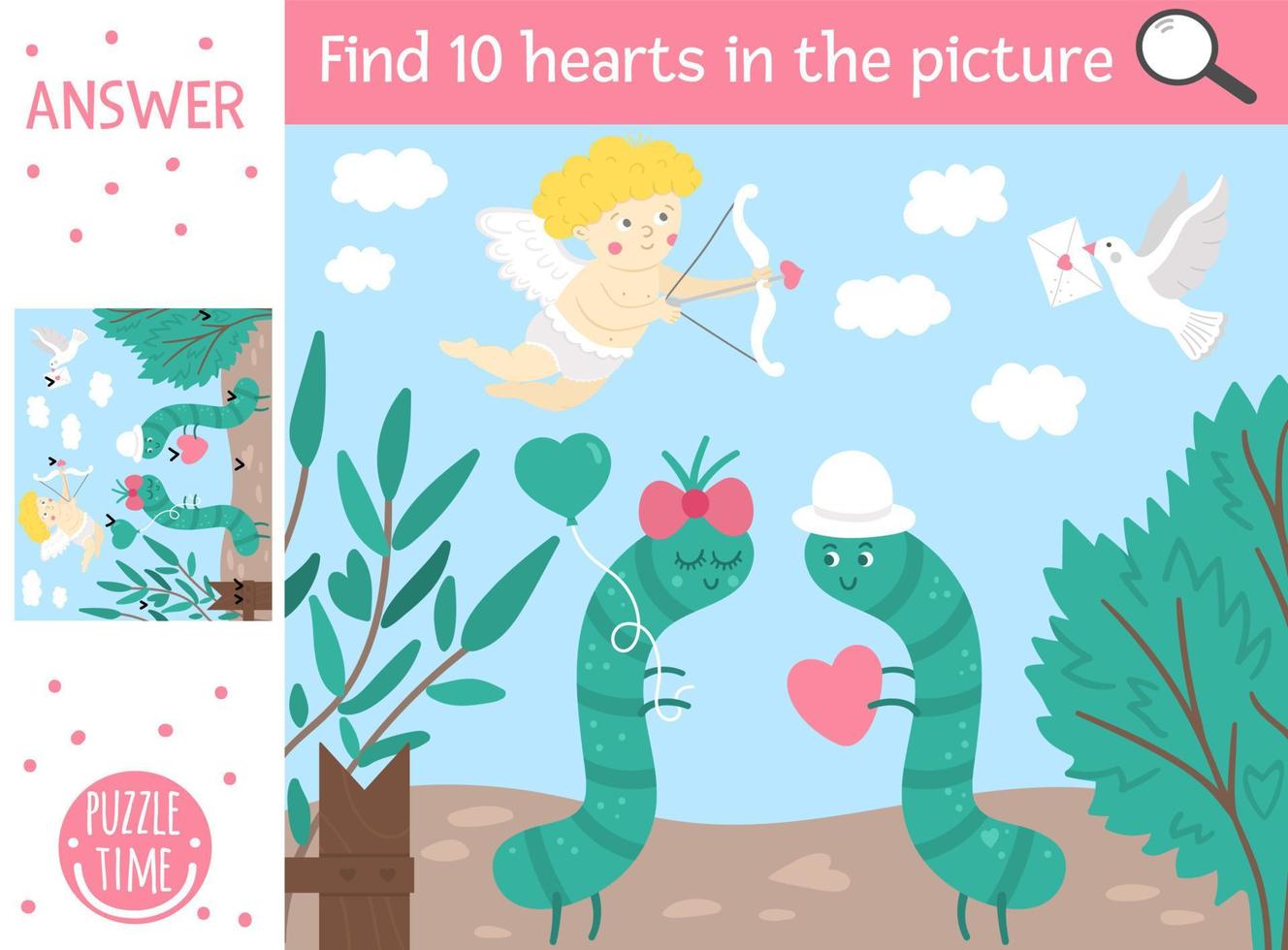 vector juego de búsqueda del día de San Valentín con lindas orugas en el jardín. encuentra corazones ocultos en la imagen. actividad imprimible de vacaciones educativas simple y divertida para niños con personajes divertidos