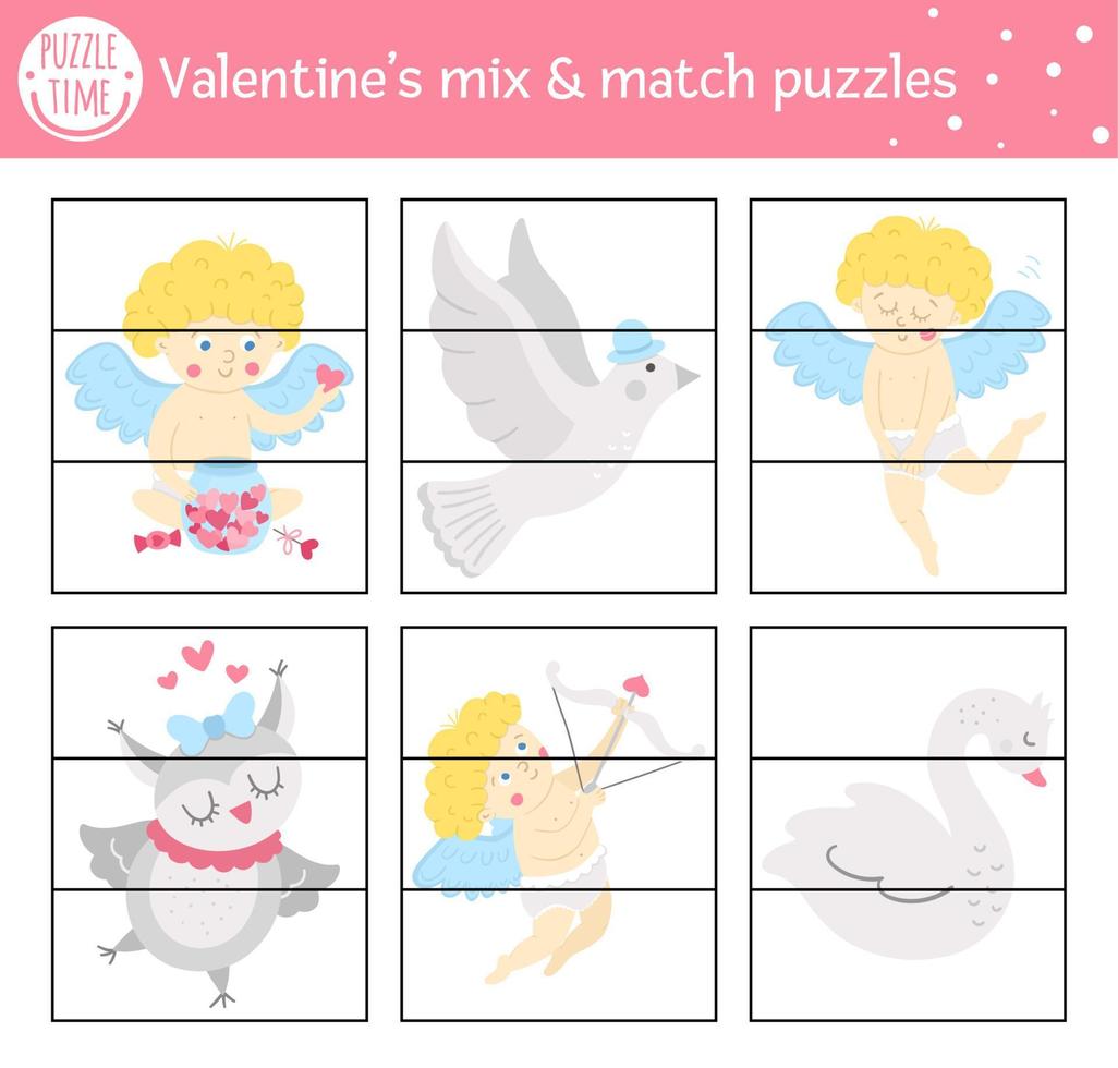 Vector Saint Valentine day mix and match puzzle with traditional holiday characters. Cut out matching activity for preschool children with love theme. Educational printable game for kids with cupids