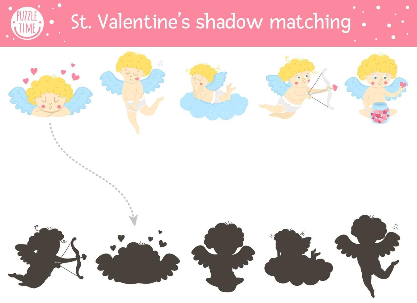 Saint valentine day shadow matching activity for children. Fun puzzle with cute holiday symbols. Educational game for kids with cupids and love theme. Find the correct silhouette worksheet. vector