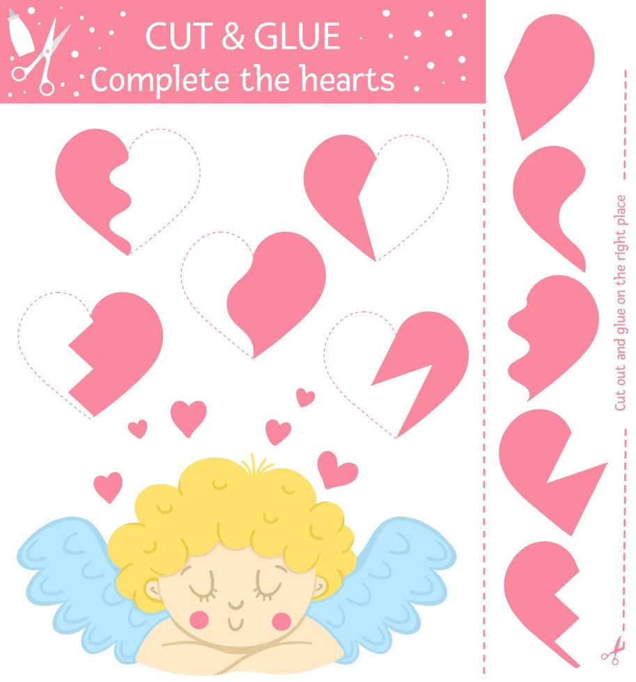 Vector Saint Valentine day cut and glue activity. Holiday educational crafting game with cute cupid and traditional object. Fun activity for kids with love theme. Complete the hearts