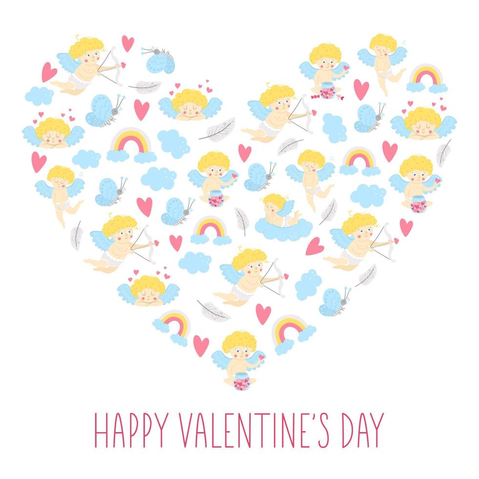 Vector heart shaped frame with Saint Valentine day characters. Traditional love concept clipart. Funny design for banners, posters, invitations. Cute romantic February holiday card with cupids.