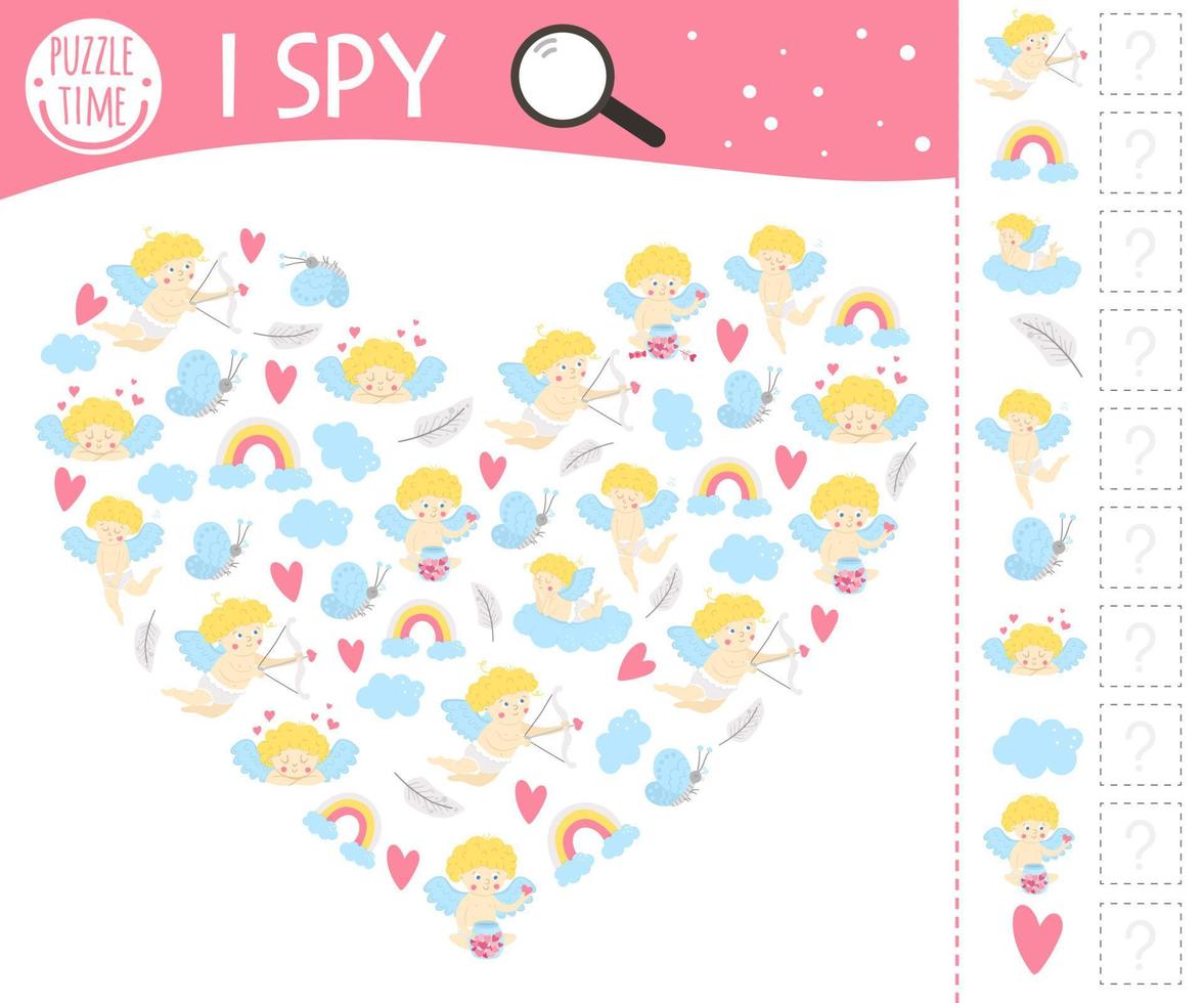 Saint Valentine day I spy game for kids. Searching and counting activity for preschool children with cute cupids. Funny party printable worksheet with love theme. Holiday heart shaped spotting puzzle. vector