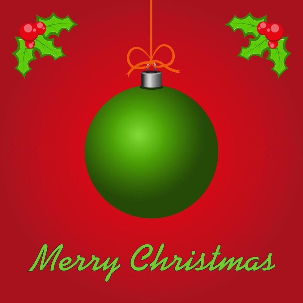 Bola de Navidad verde sobre fondo oscuro con muérdago y saludos. tarjeta con clase o cartel vector