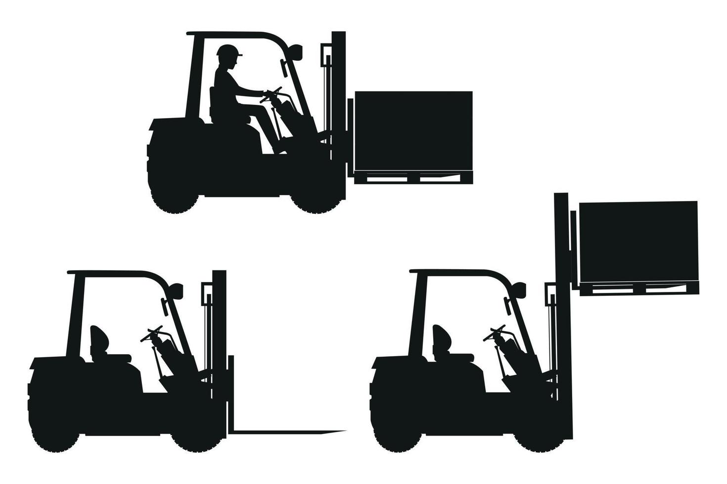 Set of silhouettes of heavy forklift machinery that perform different functions. vector