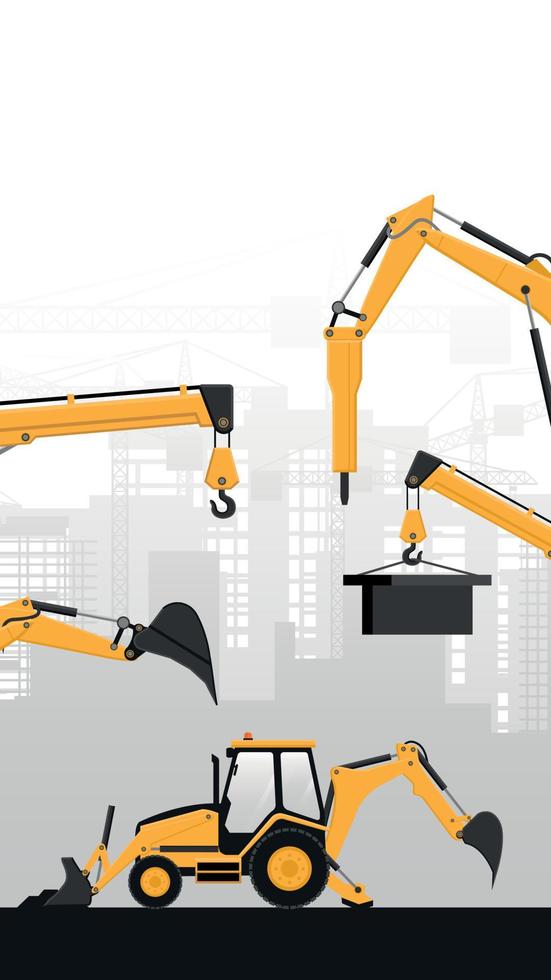 Background for mobile with yellow heavy machinery of backhoe and telescopic crane with buildings under construction on gray background vector