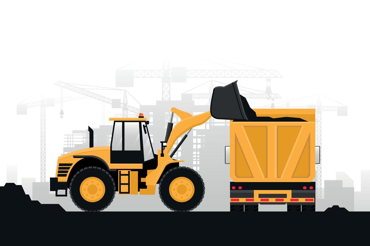 Background of heavy machinery in construction work with front loader and truck with rear view on gray background vector