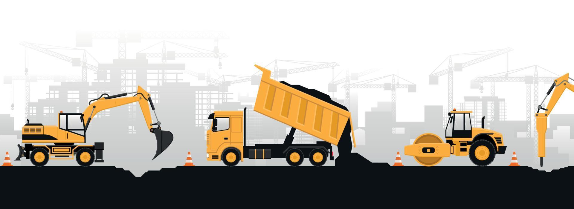 Panoramic view of construction work with yellow heavy duty machinery of hammer excavator, wheel excavator, truck and safety cone vector