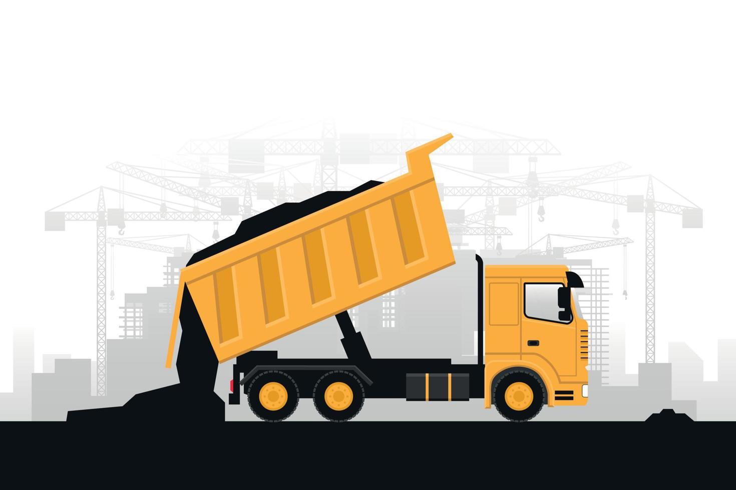 Heavy machinery background with trucks unloading materials for construction work vector