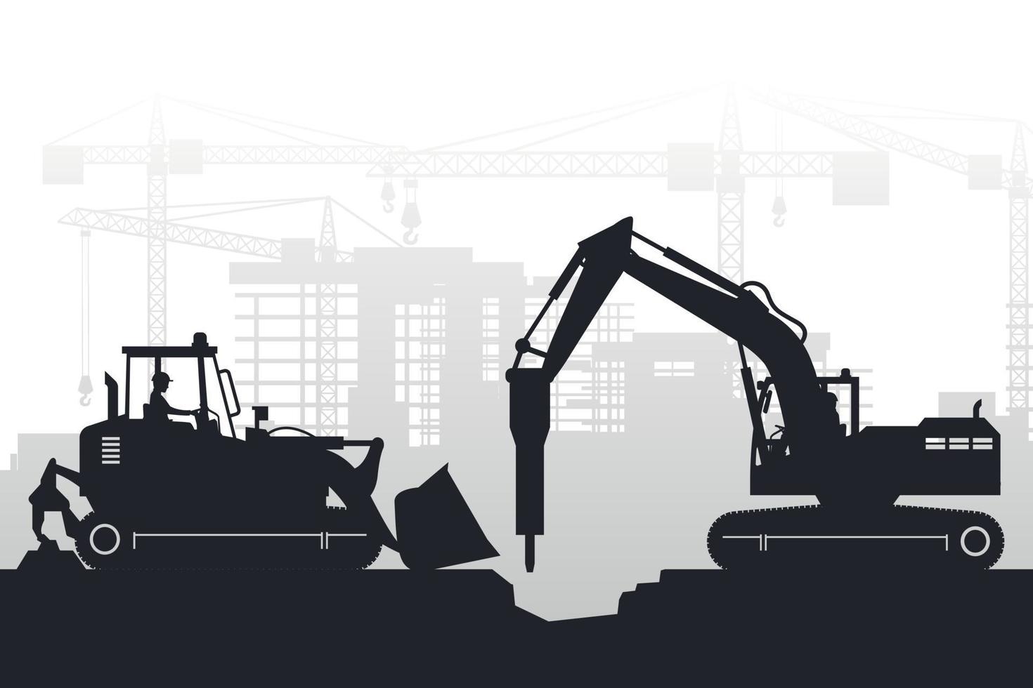 Background with silhouettes of heavy machinery with operator driving a crawler loader and a hammer excavator vector