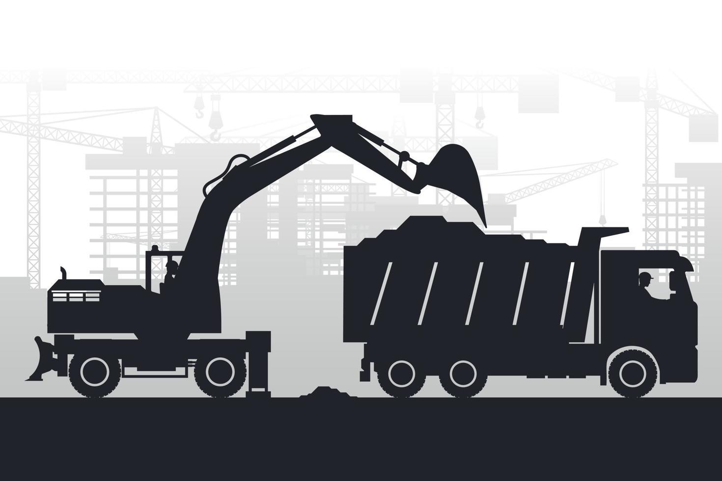 City background with buildings under construction and silhouettes of heavy machinery with wheeled excavator filling a truck with materials vector