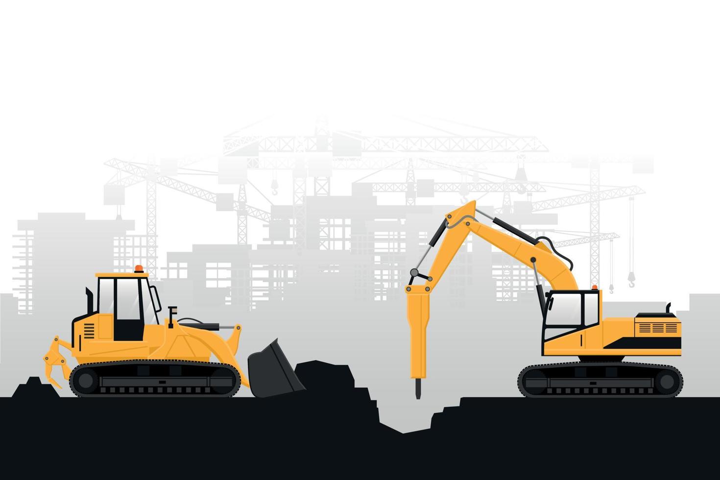 Background with construction work and heavy machinery of crawler loader and hammer excavator with gray background vector