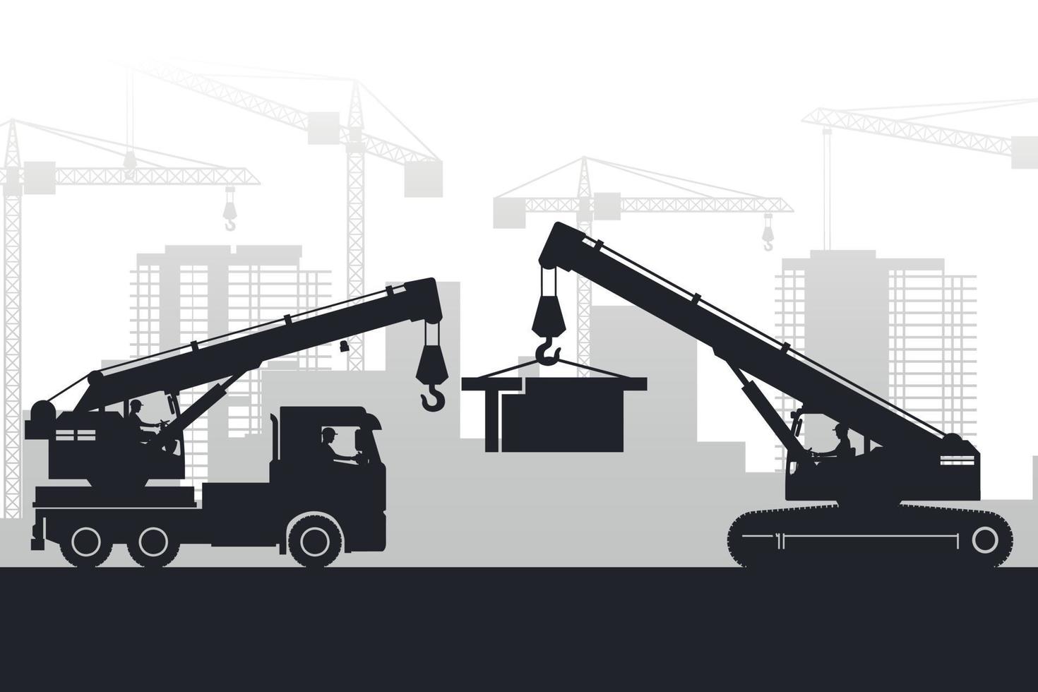 Operators working with heavy machinery on the background of the city under construction with silhouettes of crane and telescopic crane vector