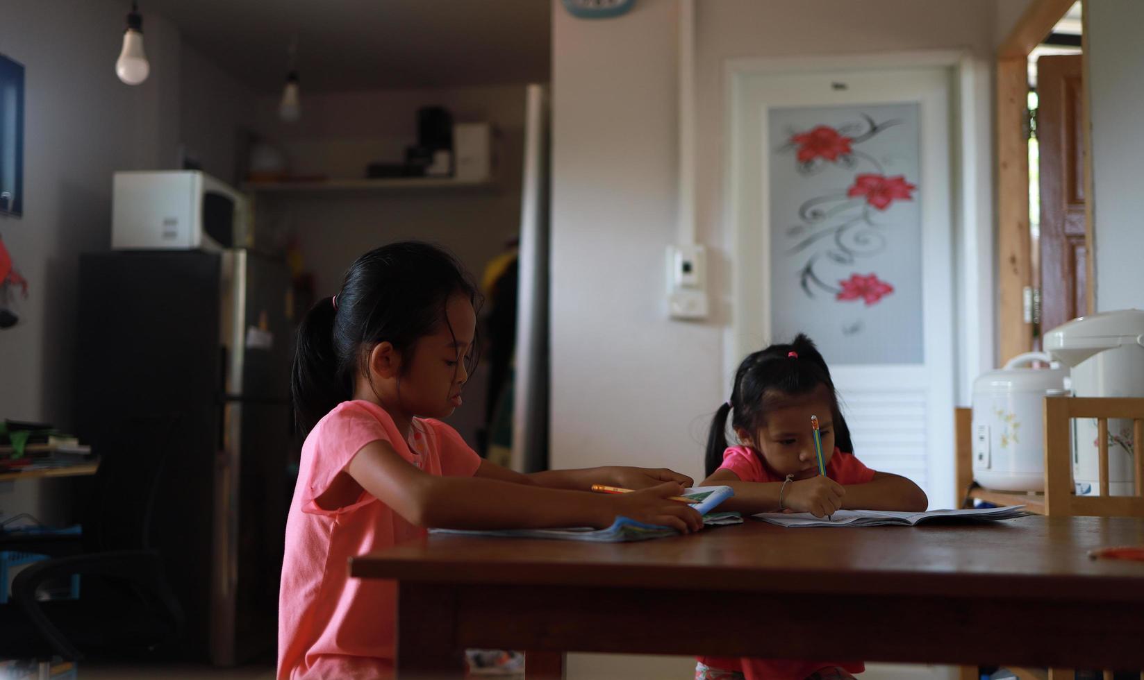 A cute Asian girl doing homework in her home during the day photo