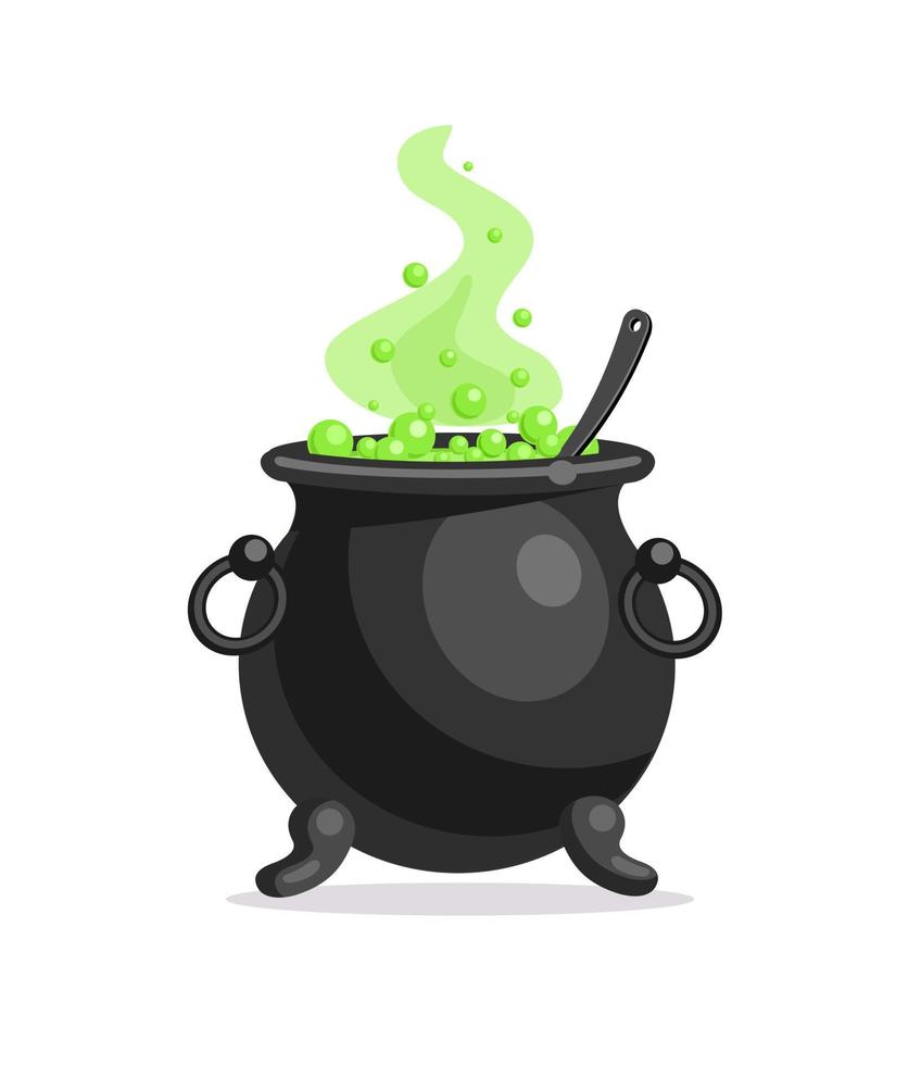 The Witch's iron cauldron with bubbling green liquid and a spoon. Magic potion and witchcraft. Halloween holiday element. Vector illustration.