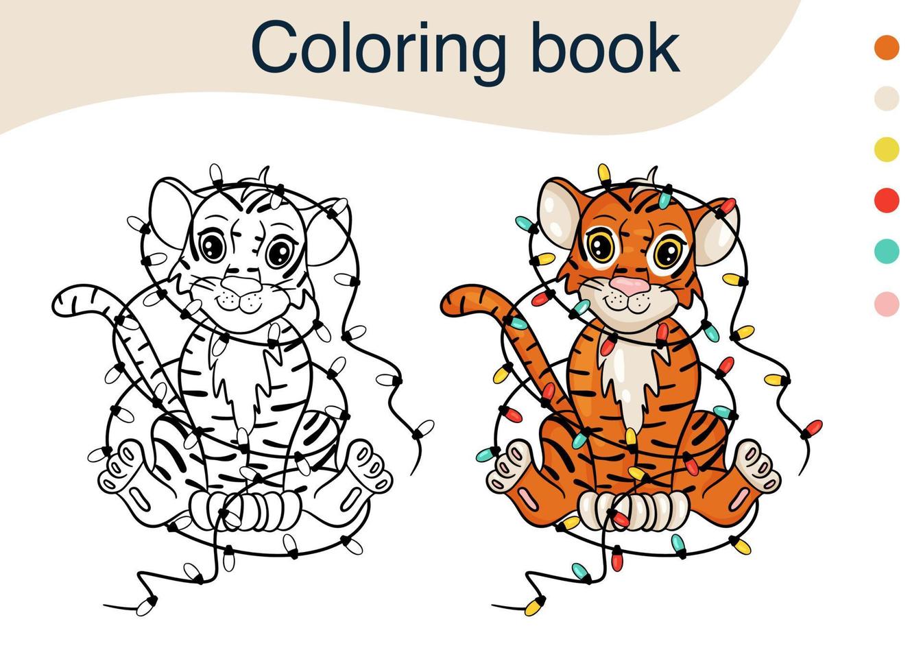 Tiger. Black and white illustration for a coloring book. The symbol of the new year according to the Chinese calendar. Vector cartoon style.