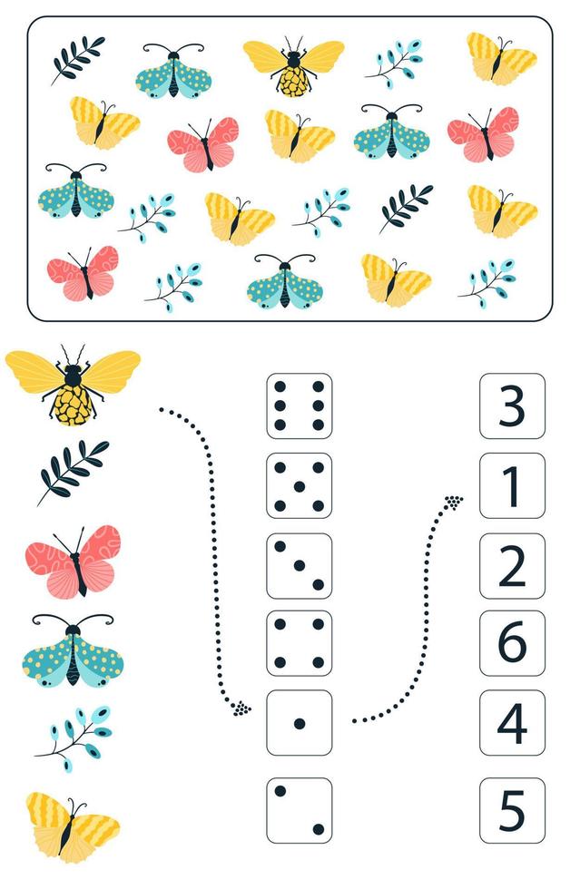 Math educational game for kids. Math worksheet for children with colorful insects, butterflies, beetles, flowers. Vector, cartoon style. vector