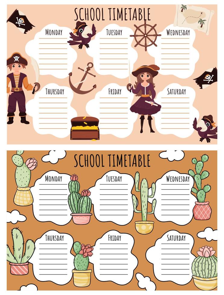 School Timetable. Weekly schedule vector template for school students.