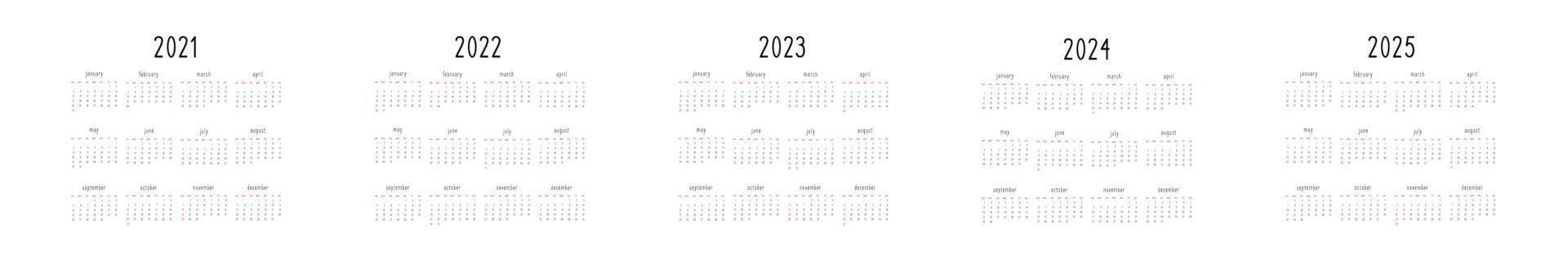 set of calendar 2021 2022 2023 2024 2025 in minimalist black and white style. Week starts on sunday vector