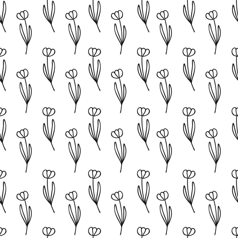 simple seamless pattern with tulip flower botanical floral hand drawn lineart elements, monochrome black and white vector