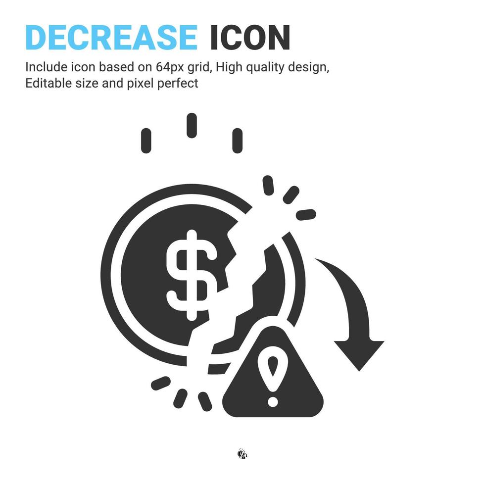 vector de icono de disminución con estilo de glifo aislado sobre fondo blanco. crisis de ilustración vectorial, concepto de icono de símbolo de signo de inflación para negocios, finanzas, industria, empresa, web y proyecto