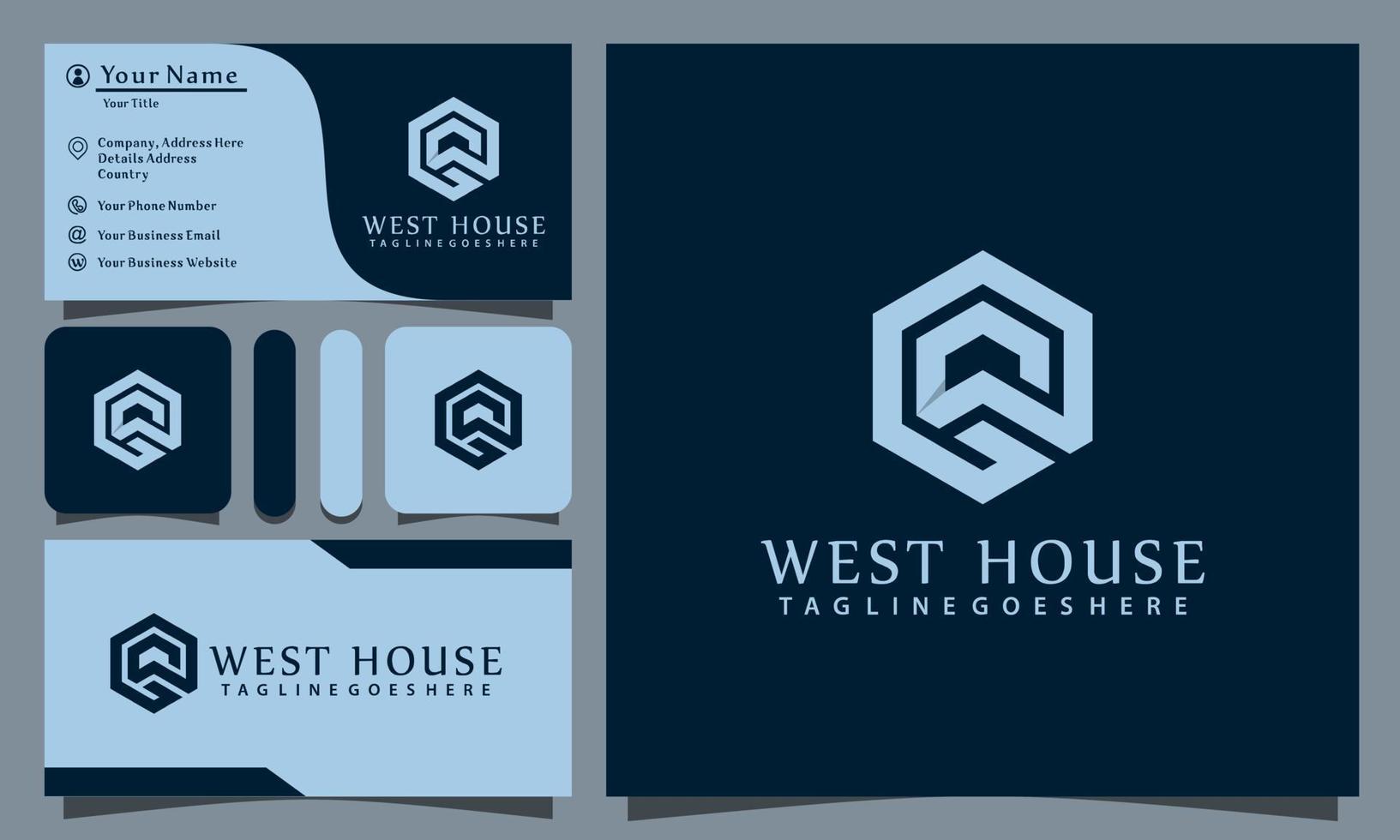 Monogram w hexagonal house luxury logos design vector illustration con line art style vintage, plantilla de tarjeta de visita de empresa moderna