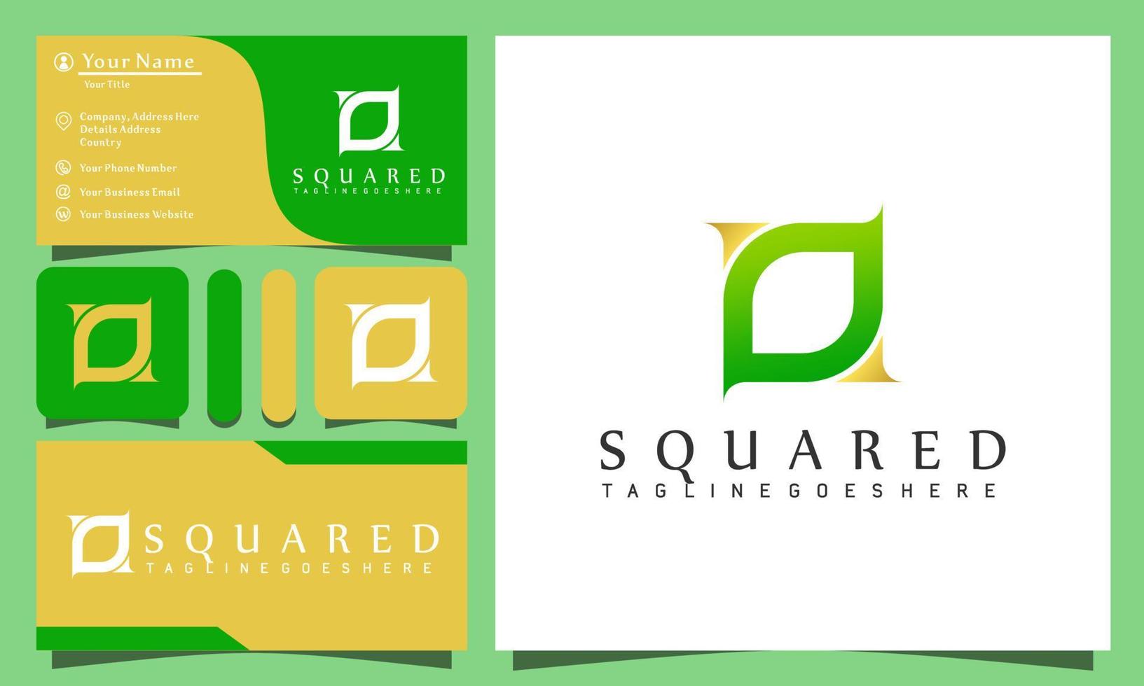 abstract square green leaves luxury logos design vector illustration with line art style vintage, modern company business card template