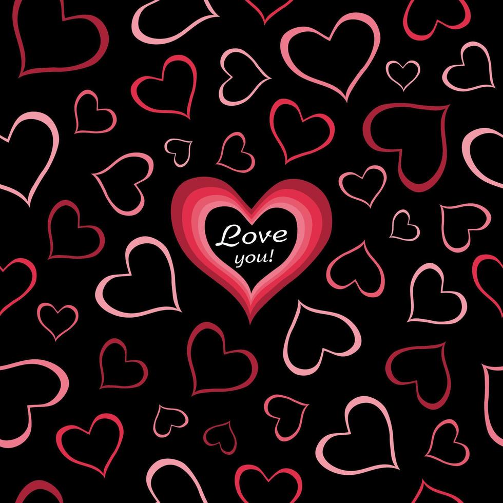 Vector illustration of acute seamless pattern  with hearts on black background.