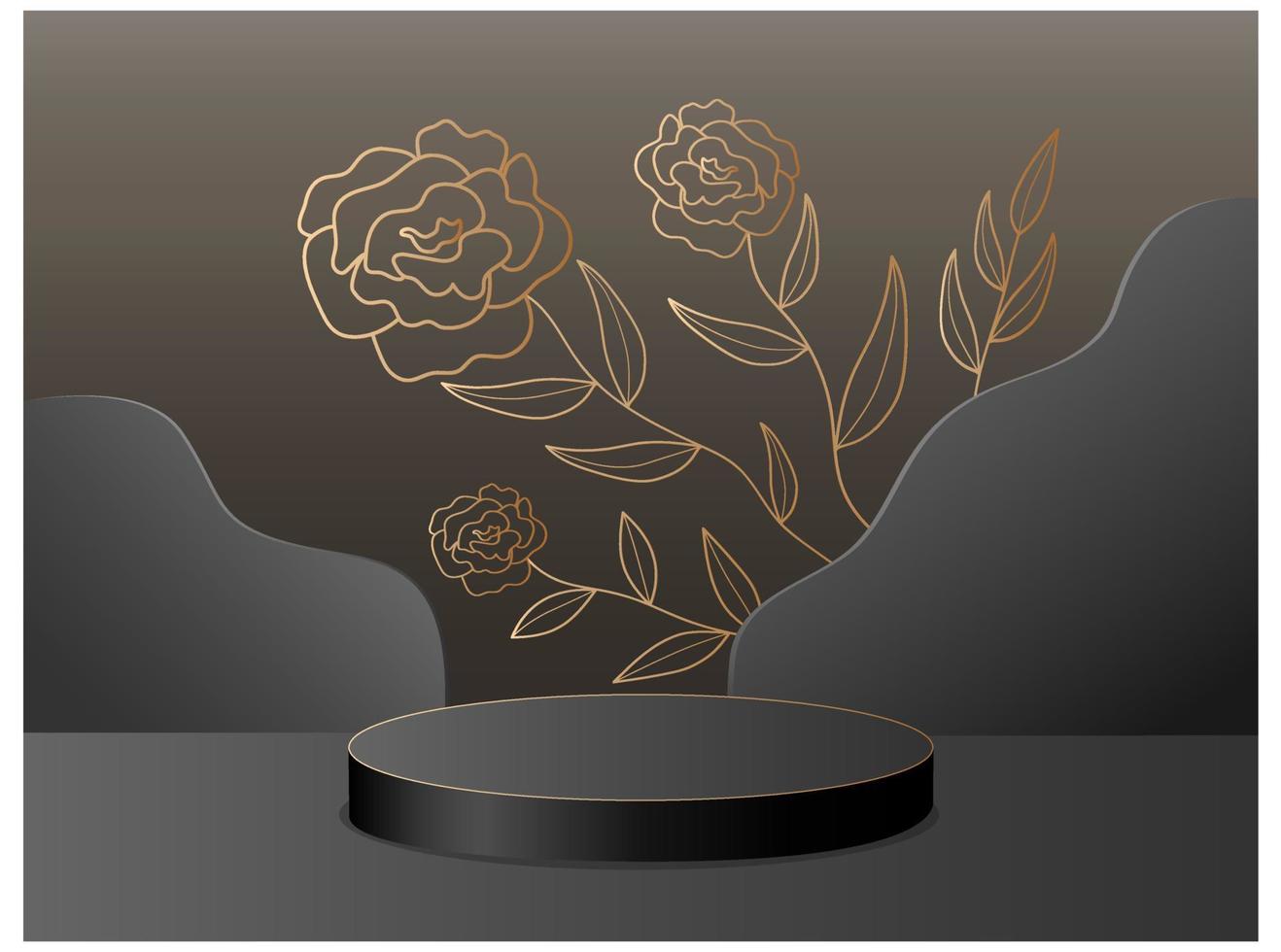 Abstract 3d podium with geometric forms. Black scene, background, golden flowers. Product presentation, mockup. Vector illustration.