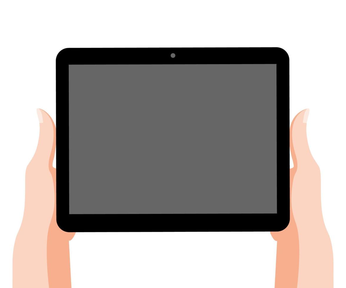 Female hands hold tablet black color on white background. Gadget. Vector illustration in cartoon style.