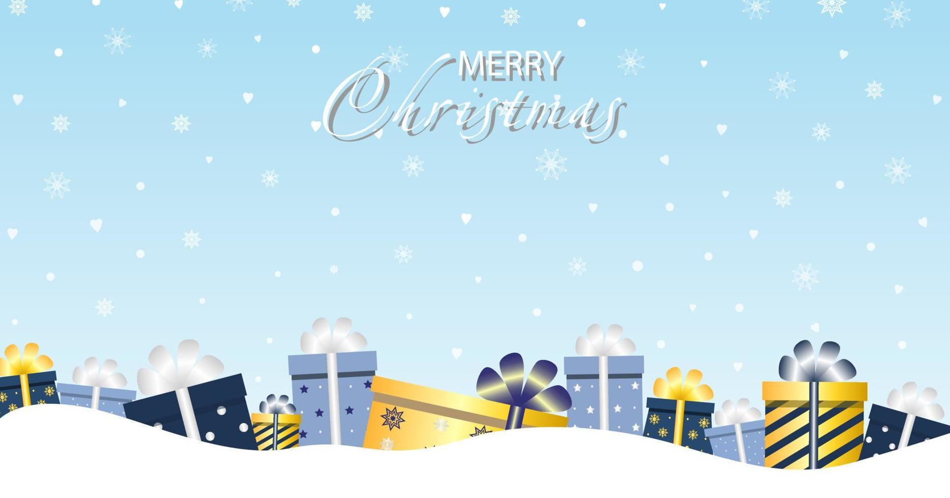 Stock vector illustration of a horizontal holiday banner with gift boxes in the snow. For poster, card, cover.