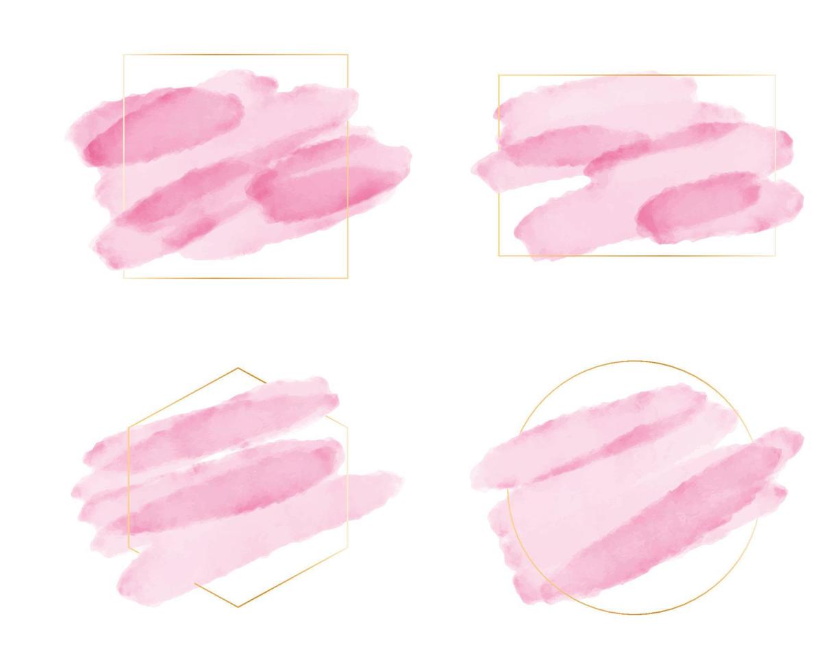 pink watercolor brush stroke with golden frame for logo or banner collection vector
