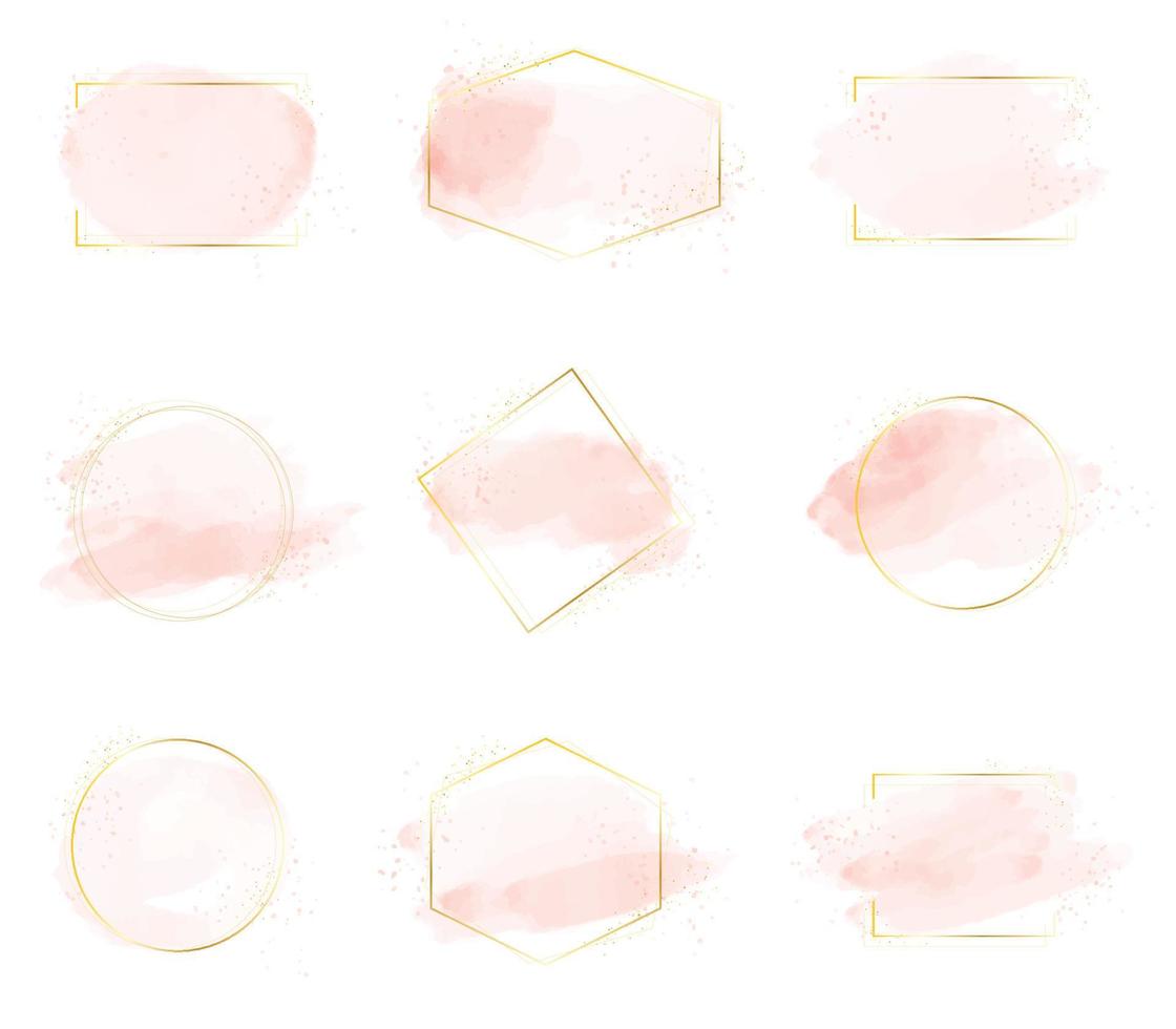Salpicaduras de trazo de pincel de acuarela rosa con marco dorado de lujo y brillo para colección de pancartas o logotipos vector
