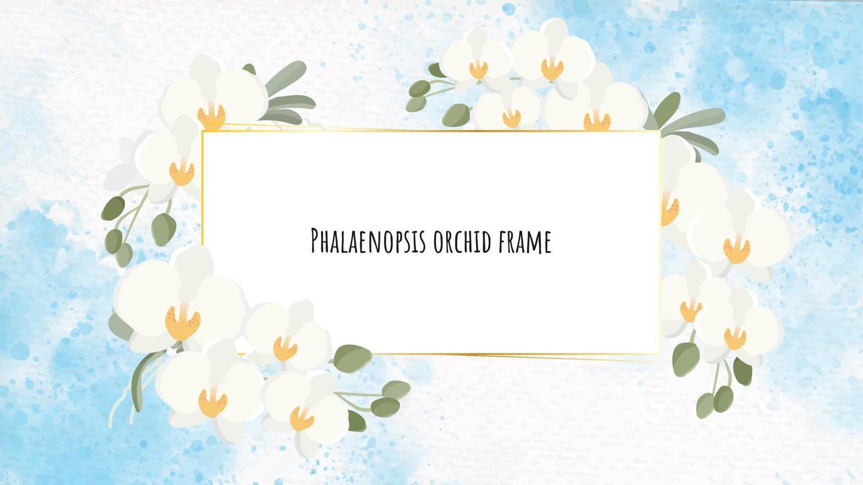 beautiful white Phalaenopsis orchid wreath with golden frame on blue watercolor splash background vector